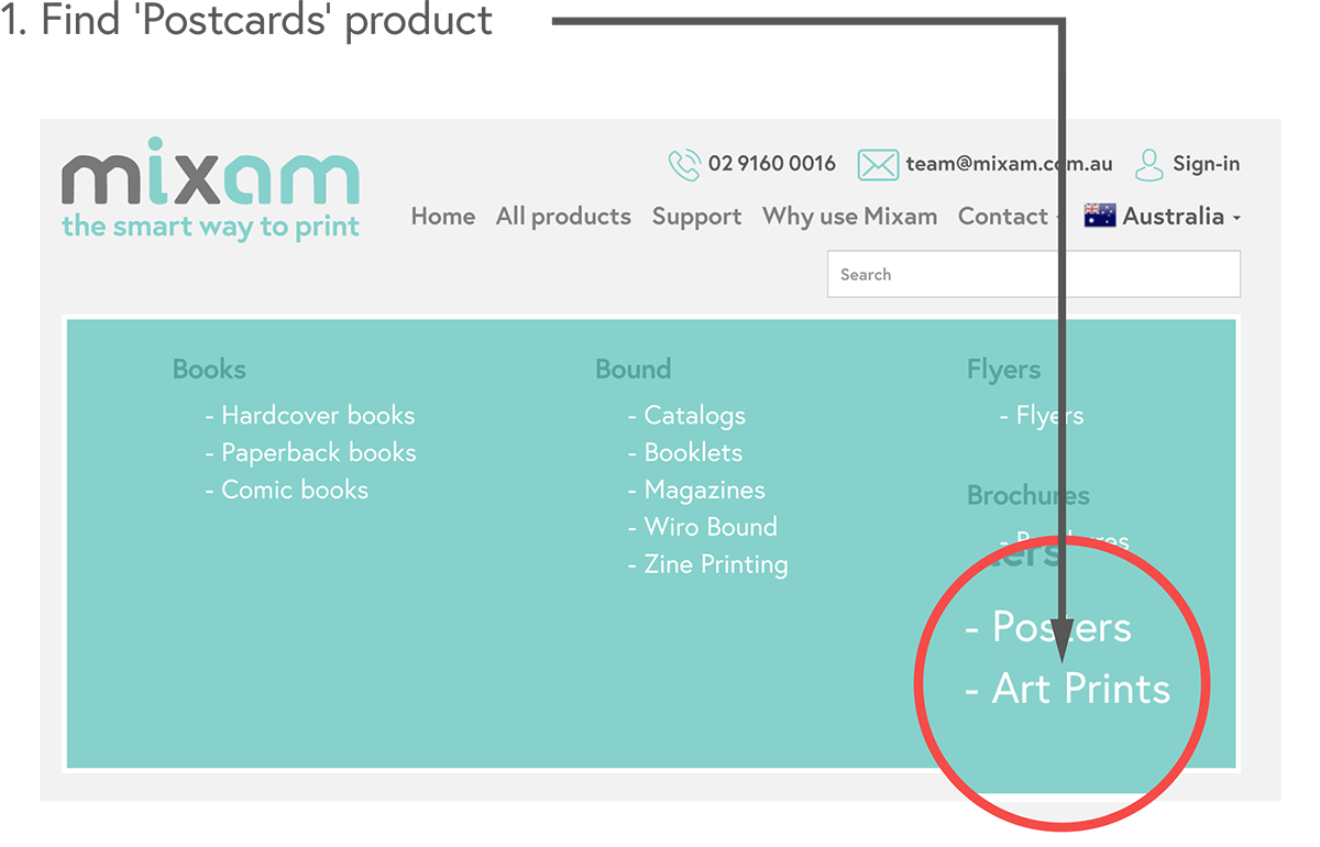 Find the 'Postcards' product page under 'All Products'