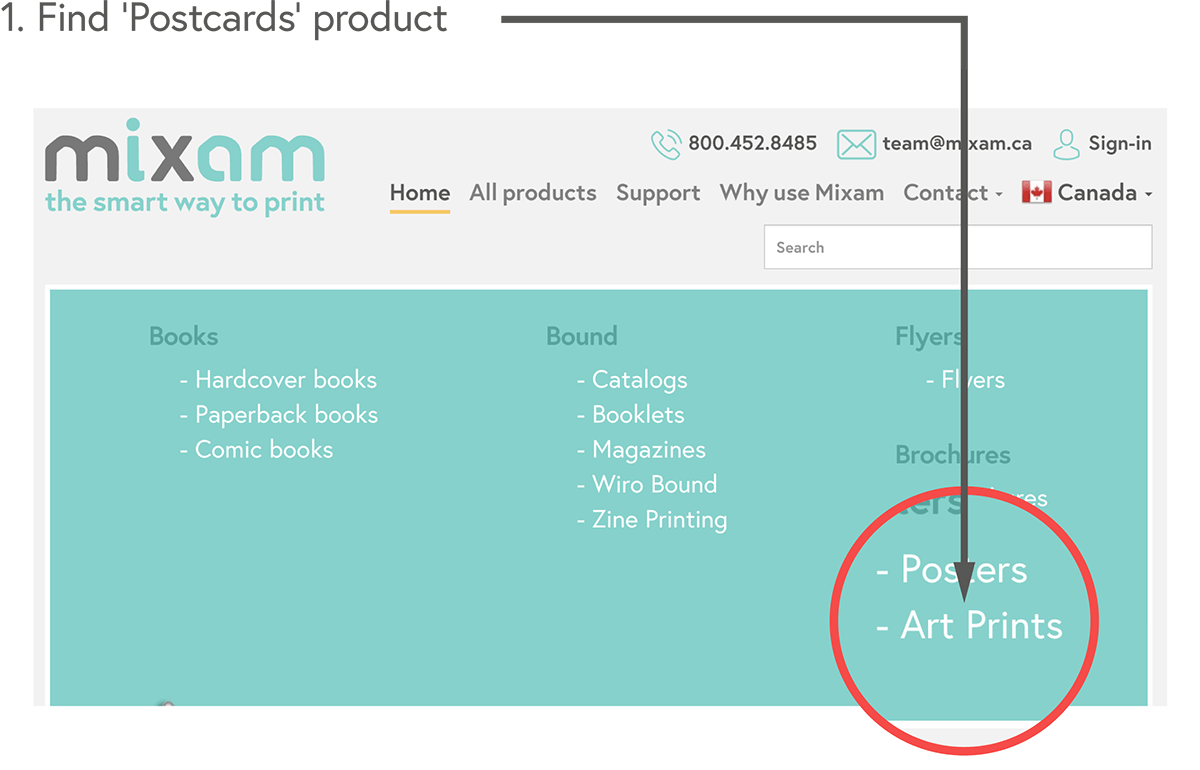 Find the 'Postcards' product page under 'All Products'