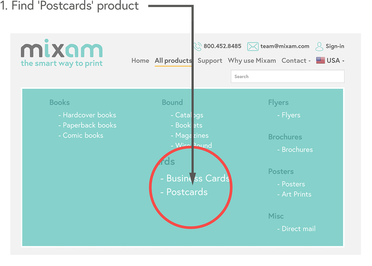 Find the 'Postcards' product page under 'All Products'