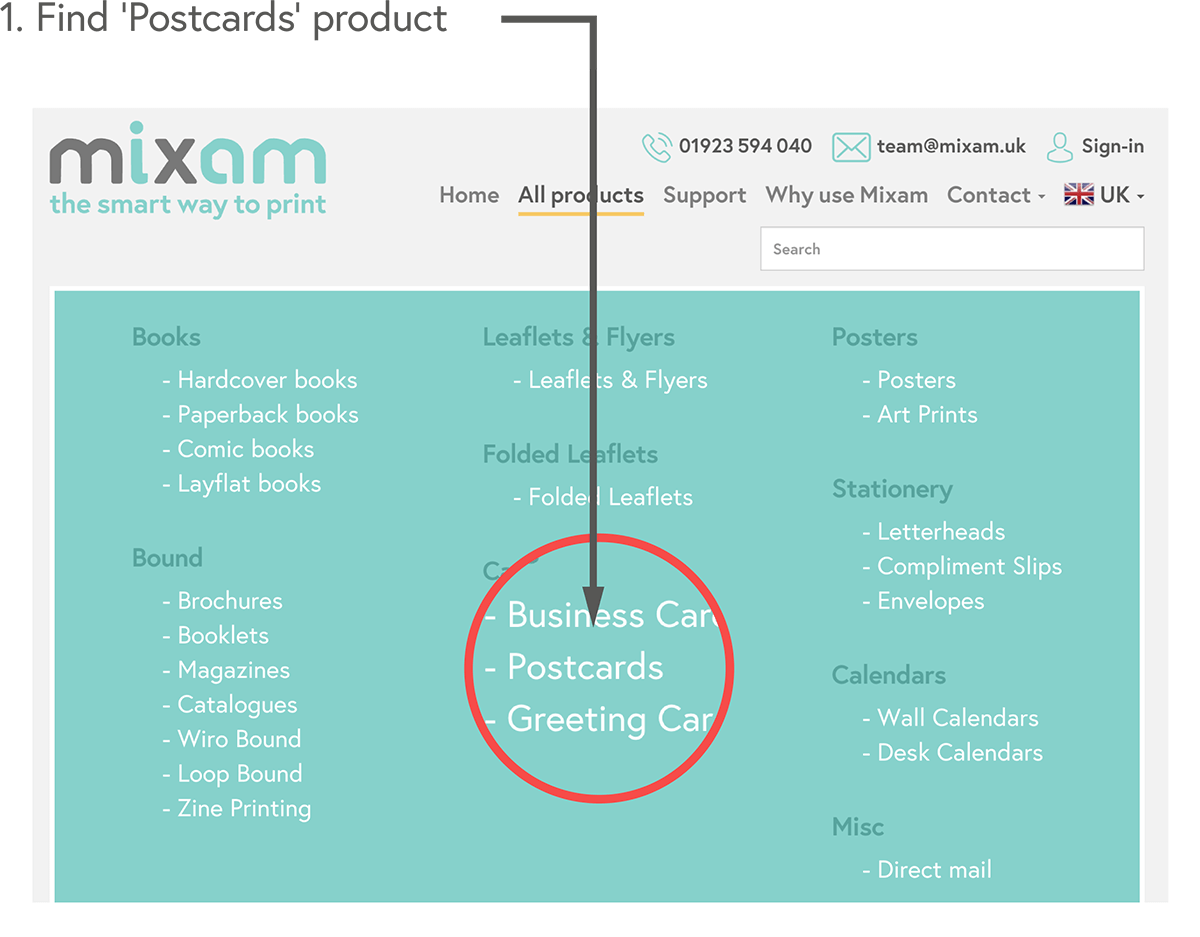 Find the 'Postcards' product page under 'All Products'